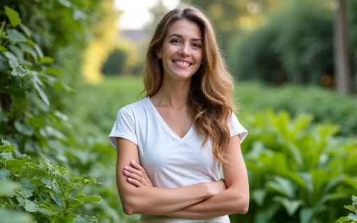 Kobieta-nutrycjolog w zielonym ogrodzie, symbolizującym zdrowie i naturę.